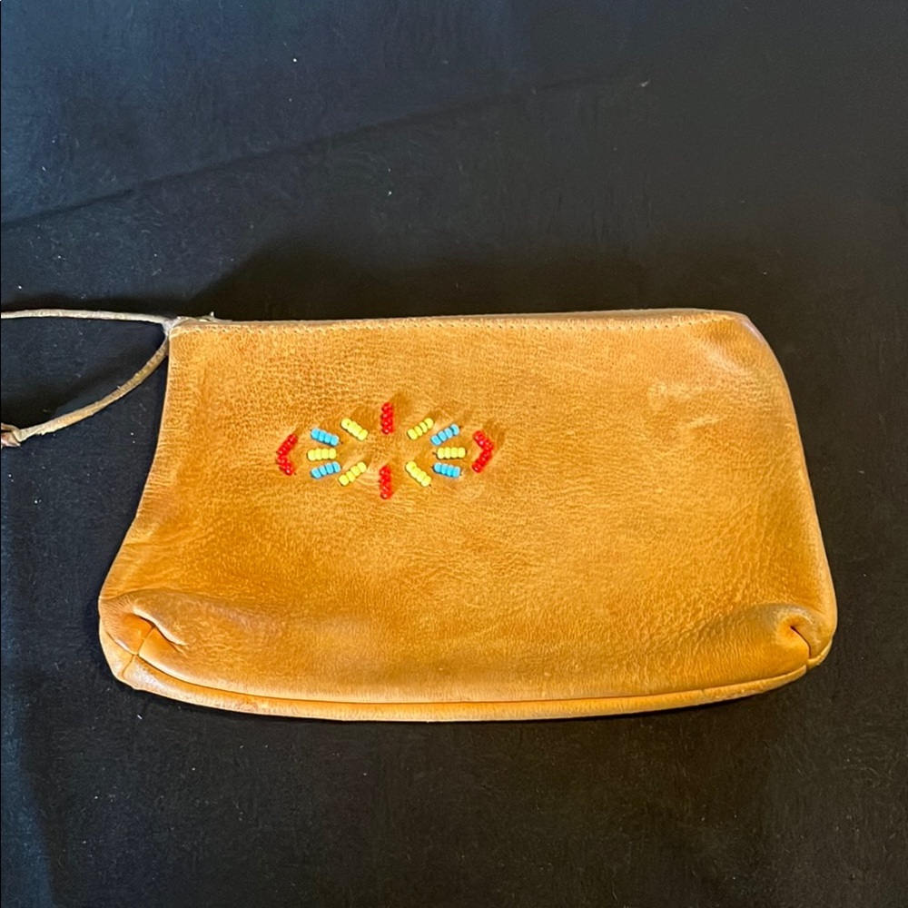 Embroidered Tan Genuine Deerskin Clutch